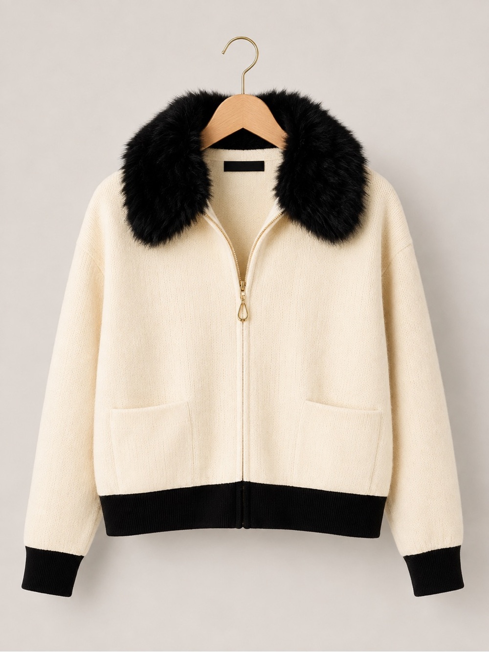 Coco + Carmen Cream Cardigan Jacket with Black Faux Fur Trim